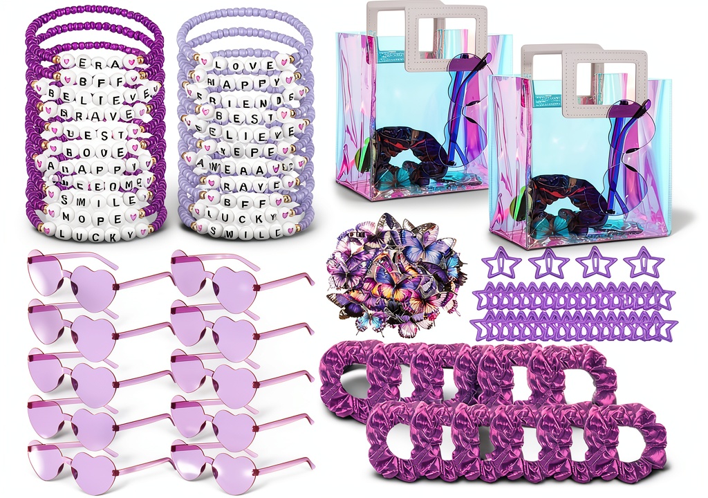 Purple party favor set displayed on a table with accessories