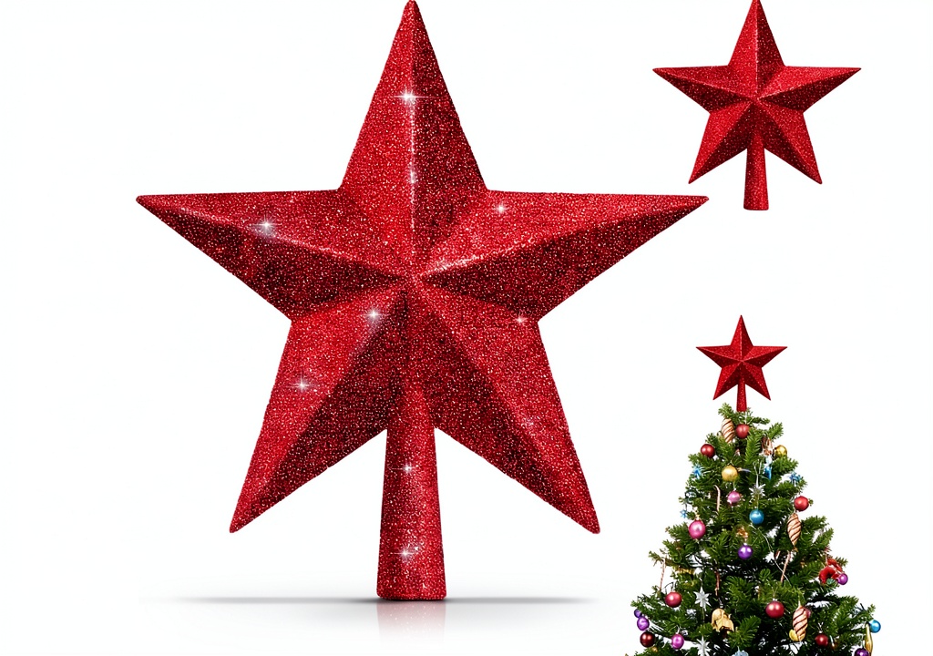 Hanaive red glitter star atop a Christmas tree