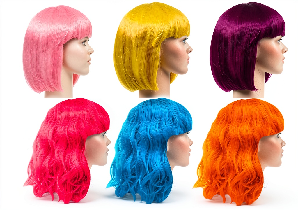 Sterling James neon wigs displayed in six vibrant colors on a party table