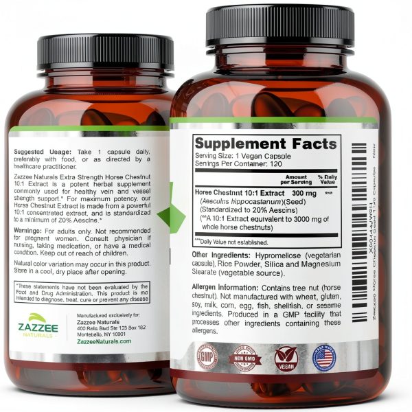 Horse Chestnut Extract Zazzee 3000mg 20% Aescins 120 Vegan Caps-7